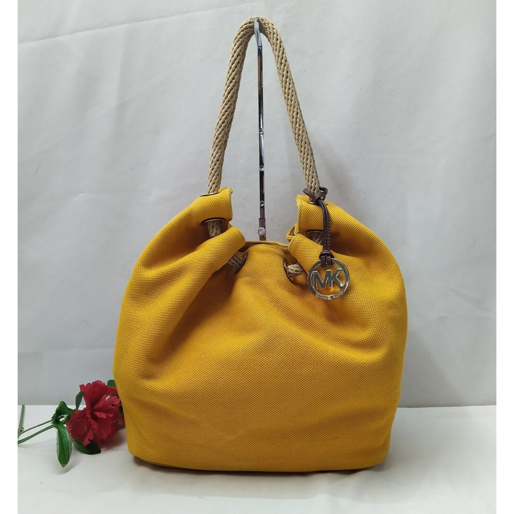Michael Kors Yellow Canvas Rope Handles Drawstring Bucket Shoulder Bag